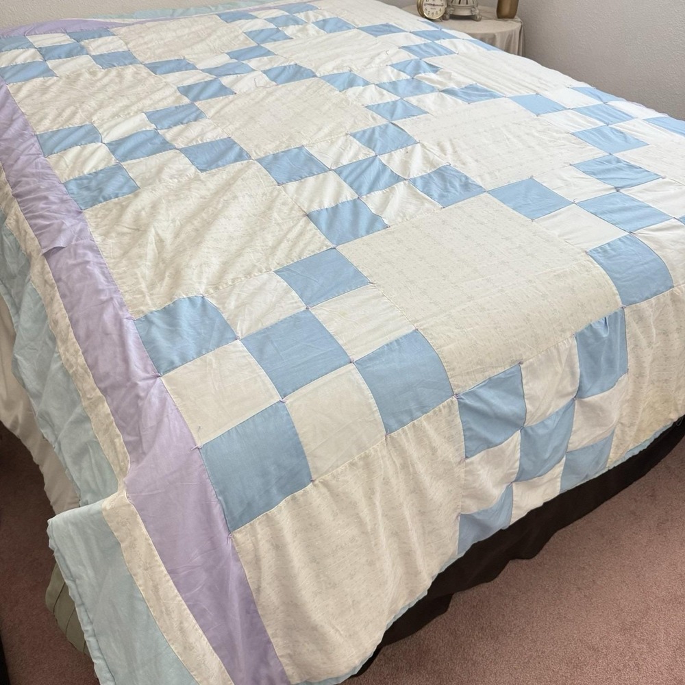 Vintage Patchwork Quilt Irish Chain Nine Patch Full Twin 93x77 Hand Tied Floral